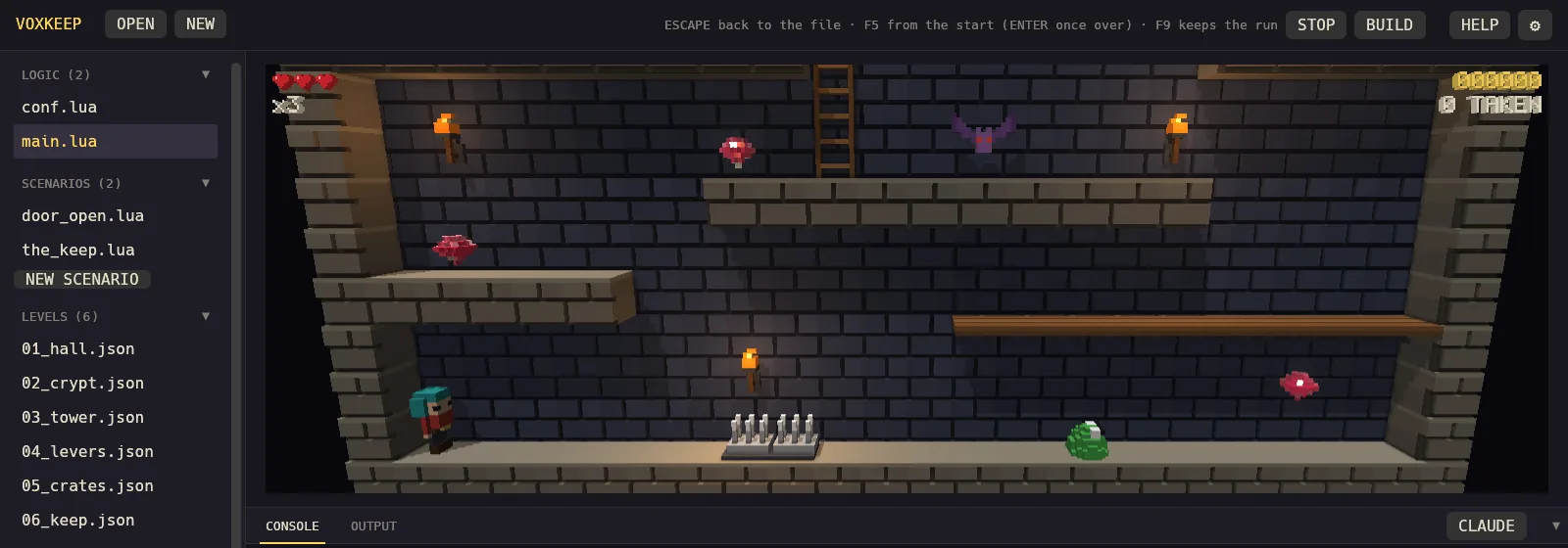 The Voxcade IDE: the game's files on the left, Voxkeep playing in the main area.