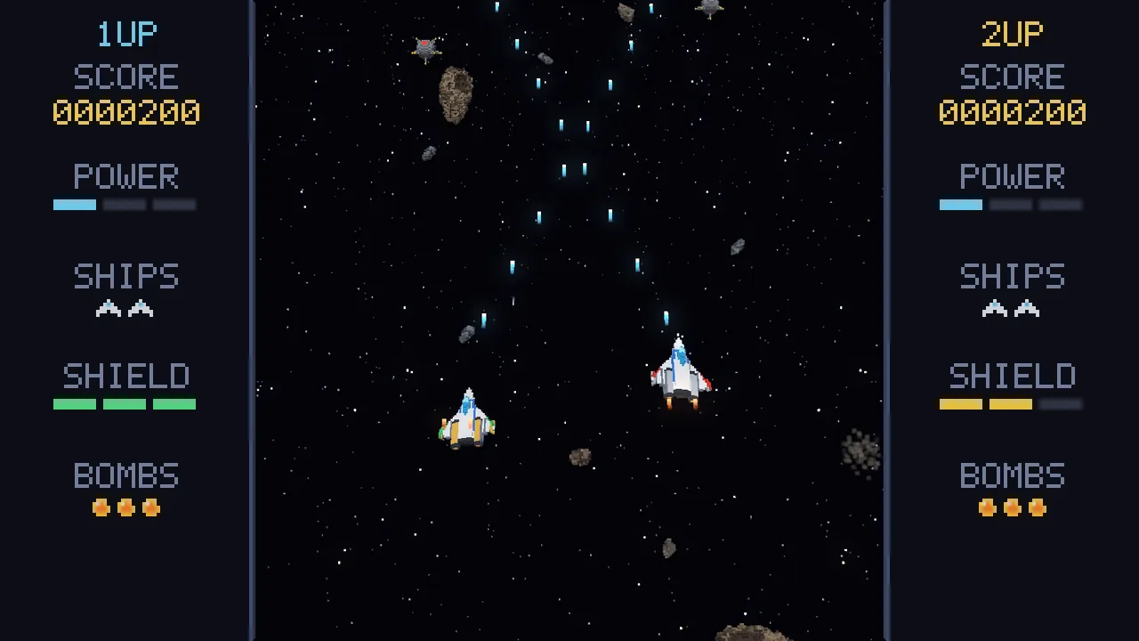 Pulsar with two ships, one in blue, one in gold.